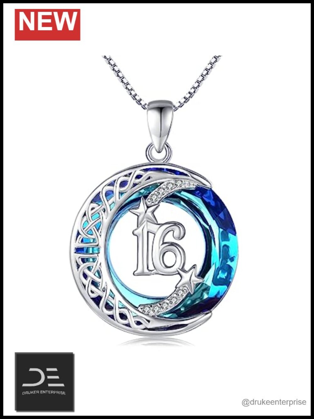 Sterling Silver Celtic Moon Star Pendant Necklace with Blue Crystal Charm